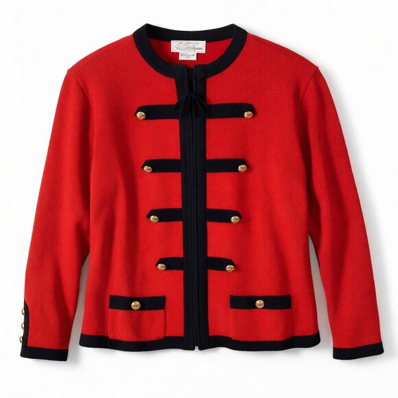 Saks Fifth Avenue Vintage Military Sweater Jacket Red Black Lambswool 14 - Picture 10 of 10